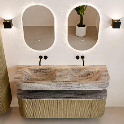 MONDIAZ THOR-DLUX Meuble de salle de bains - 140cm - arrondi gauche + droite - couleur Dusk - 1 tiroir et 2 portes - Vasque suspendue CLOUD Double sans trou de robinet - couleur Oza