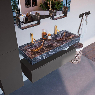 Mondiaz ALAN-DLUX Ensemble de meuble - 120cm - meuble Dark grey mat - 1 tiroir - Lavabo Cloud Lava suspendu - vasque gauche et droite - 2 trous de robinet