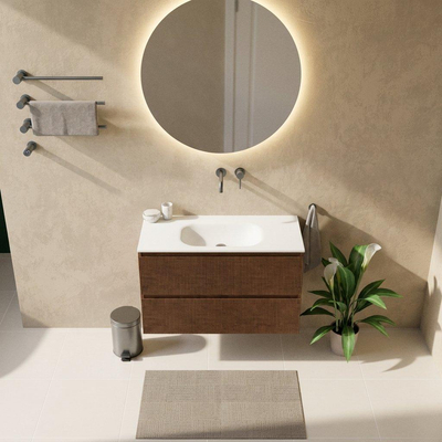 Saniclass Holz Atelier Ensemble de meubles de salle de bains - 100x45x61.5cm - Vasque Flow en Solid Surface blanche - 1 vasque - sans trou de robinet - 2 tiroirs - walnut pure mat (bois)