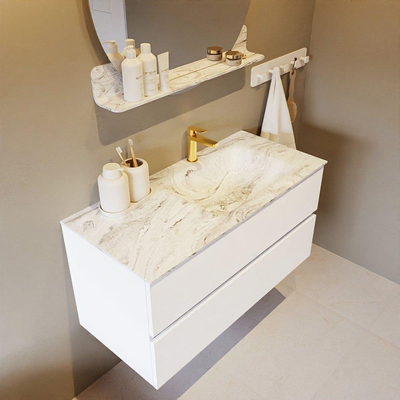 Mondiaz VICA-DLUX ensemble de meuble de salle de bain - 100cm - meuble sous-vasque talc - 2 tiroirs - lavabo encastré cloud droite - 1 trou de robinet - version haute de 60cm - glace