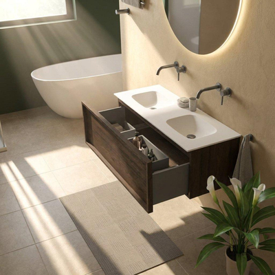 Saniclass Holz Frame Ensemble de meubles de salle de bains - 120x45x41.5cm - Flow lavabo en solid surface blanc - 2 vasques - sans trous de robinetterie - 1 tiroir - chêne charcoal mat (bois)