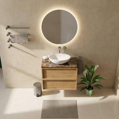 Saniclass Holz Frame Ensemble de meubles de salle de bains - 80x45x63cm - plan de travail en pierre naturelle Noche dark emperador - sans trou de robinetterie - 2 tiroirs - chêne naturel mat (bois)