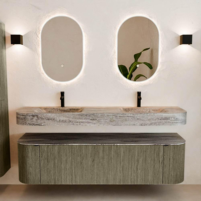 MONDIAZ THOR-DLUX Meuble de salle de bains 170cm arrondi gauche + droite couleur Shadow avec 1 tiroir et 2 portes. Vasque suspendue CLOUD Double 2 trous de robinet couleur Oza.