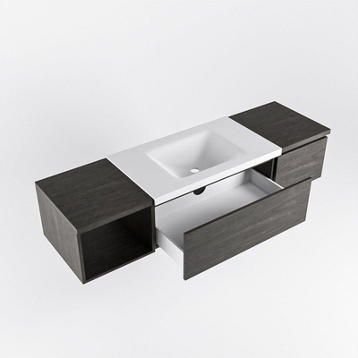 MONDIAZ BUKLA 160cm meuble de salle de bain avec module ouvert 40 à gauche couleur Marron Foncé avec 2 tiroirs. Lavabo CLOUD centre 1 trou de robinet couleur Talc.