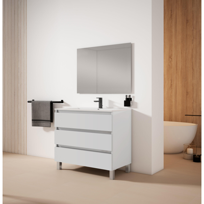 Saniclass Chaci PLUS Meuble de salle de bain - 100x86x46cm - lavabo en céramique blanc - 1 vasque - 1 trou de robinet - 3 tiroirs - miroir rectangulaire - blanc mat