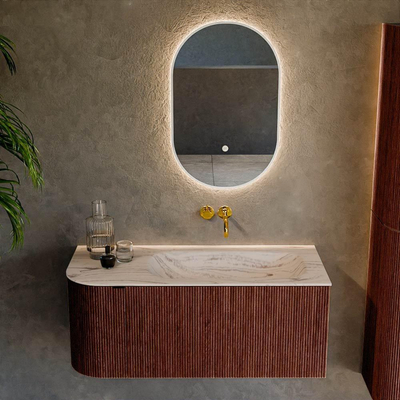 MONDIAZ KURVE-DLUX Meuble de salle de bains 105cm arrondi à gauche couleur Ruby avec 1 tiroir et 1 porte. Vasque BIG SMALL à droite sans trou de robinet Nata.