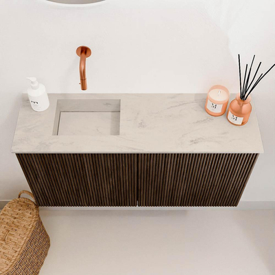 Mondiaz JOYA-DLUX 80cm toiletmeubel - kleur Walnut - Wastafel FAYE positie Links Zonder kraangat kleur Opalo.