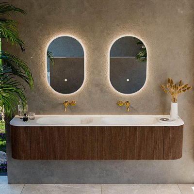 MONDIAZ KURVE 200cm Meuble salle de bain avec module 25 G et D - couleur Walnut - 2 tiroirs - 2 portes - vasque BIG SMALL double - sans trous de robinet - Talc