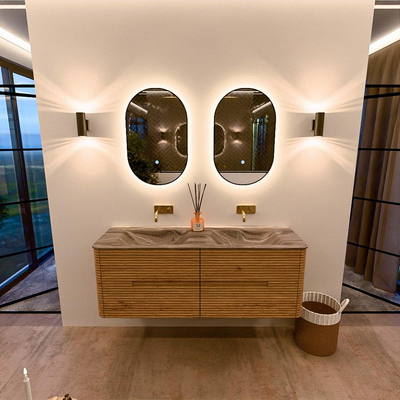 Mondiaz CIRO-DLUX Ensemble de meubles de salle de bains - 140x45x50cm - lavabo solid surface Sombra - 2 vasques double - sans trous de robinet - 4 tiroirs - Chêne