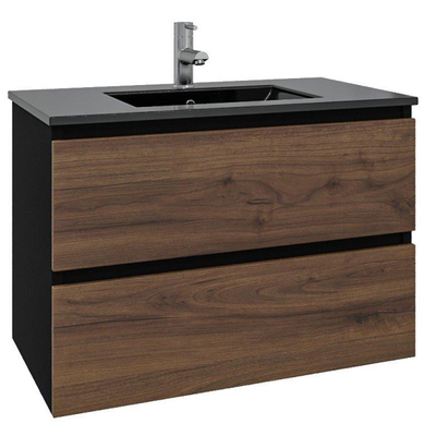 Adema Industrial 2.0 Ensemble de meuble 100x45x55cm vasque en céramique noir 1 trou de robinet avec trop-plein bois/noir