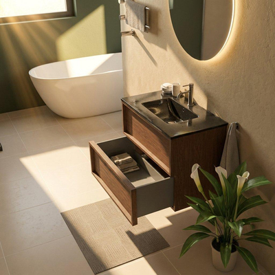Saniclass Holz Frame Ensemble meuble de salle de bains - 80x45x62cm - lavabo Vygo en céramique noir - 1 vasque - 1 trou de robinetterie - 2 tiroirs - noyer pure mat (bois)