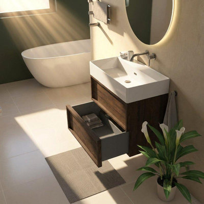 Saniclass Holz Frame Ensemble de meubles de salle de bains - 80x45x72cm - Legend lavabo en céramique blanc - 1 vasque - sans trou de robinet - 2 tiroirs - chêne charcoal mat (bois)