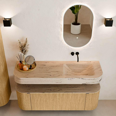 MONDIAZ THOR-DLUX 140cm meuble de salle de bains arrondi gauche + droite couleur Oak avec 1 tiroir et 2 portes. Vasque suspendue CLOUD droite sans trou de robinet couleur Arena.
