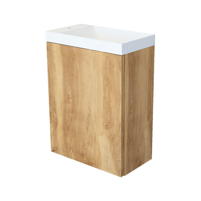 Arcqua Marble fontein – 40x22x54.5 cm – marmer wit mat – zonder kraan – eiken frame naturel, zonder overloop