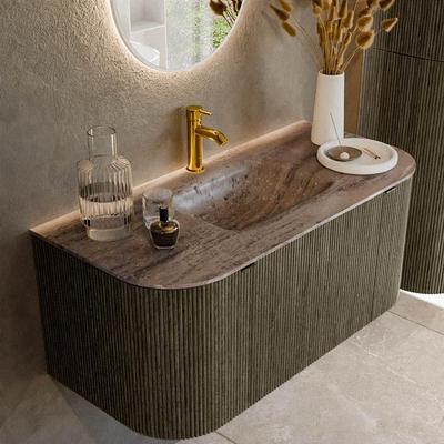 MONDIAZ KURVE-DLUX Meuble de salle de bains 100cm arrondi Gauche + Droite couleur Shadow avec 1 tiroir et 2 portes. Lavabo GRUNNE Central 1 trou de robinet Oza.