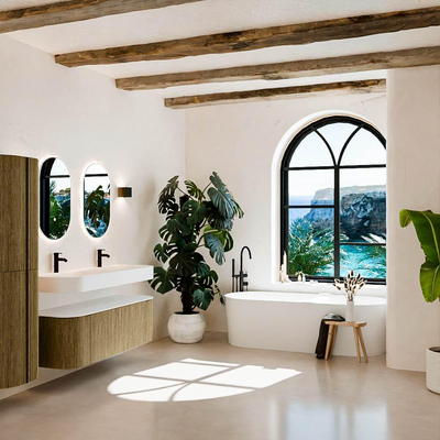 MONDIAZ THOR 140cm meuble de salle de bains arrondi gauche + droite couleur Dusk avec 1 tiroir et 2 portes. Vasque suspendue CLOUD Double 2 trous de robinet couleur Talc.