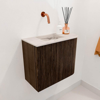 Mondiaz JOYA-DLUX Meuble de toilette 51,6cm - arrondi droit couleur Noyer - Vasque FAYE position Gauche Sans trou de robinet couleur Nata