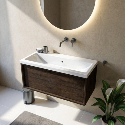 Saniclass Holz Frame Ensemble meuble de salle de bains - 100x45x43.5cm - Bari lavabo en céramique blanc - 1 vasque - sans trou de robinet - 1 tiroir - chêne charcoal mat (bois)
