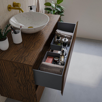 Saniclass Holz Atelier Meuble de salle de bain - 100x45x60cm - lavabo en céramique blanc - 1 vasque - sans trous de robinet - 2 tiroirs - Walnut pure