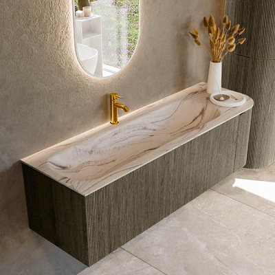MONDIAZ KURVE-DLUX Meuble de salle de bains 145cm arrondi à droite couleur Shadow avec 1 tiroir et 1 porte. Lavabo BIG LARGE à gauche 1 trou de robinet Nata.