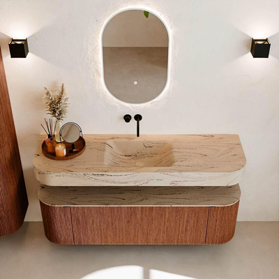 MONDIAZ THOR-DLUX 150cm meuble de salle de bains arrondi gauche + droite couleur Ruby avec 1 tiroir et 2 portes. Vasque suspendue CLOUD Milieu sans trou de robinet couleur Arena.