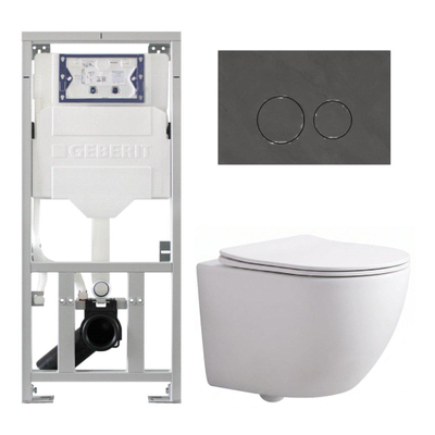 Pack WC QeramiQ Dely Swirl Compact - réservoir encastrable Geberit UP320 - avec bâti-support Burda - abattant slim - plaque de commande en pierre naturelle marbre foncé - boutons ronds - blanc mat