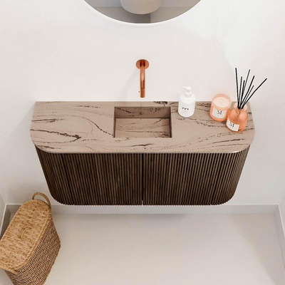 Mondiaz JOYA-DLUX 83.2cm toiletmeubel - ronding links en rechts kleur Walnut - Wastafel FAYE positie Midden Zonder kraangat kleur Arena.
