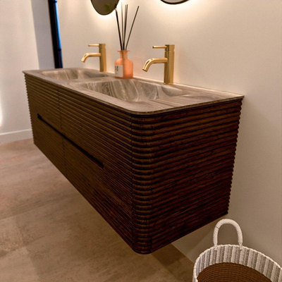 Mondiaz CIRO-DLUX Badkamermeubelset - 140x45x50cm - Solid surface wastafel Sombra - 2 wasbak Dubbel - 2 kraangaten - 4 lades - Walnut