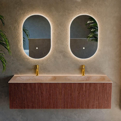MONDIAZ KURVE-DLUX Meuble de salle de bains 150cm couleur Ruby avec 2 tiroirs et 0 portes. Lavabo STOR SMALL Double 2 trous de robinet Saba.