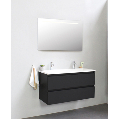 Basic Bella Badkamermeubelset - 100x55x46cm - 1 wasbak - Acryl - Wit - 2 kraangaten - Wandspiegel met verlichting - Melamine Zwart mat