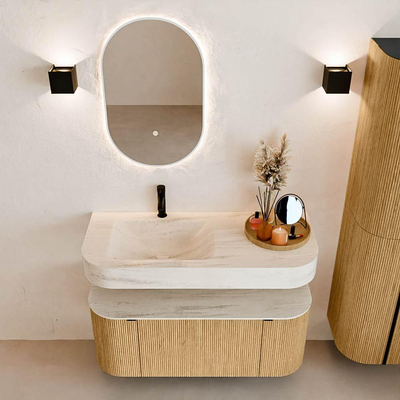 MONDIAZ THOR-DLUX 110cm badmeubel ronding links + rechts kleur Oak met 1 lade en 2 deuren. Vrijhangende wastafel CLOUD Links 1 kraangat kleur Meli.