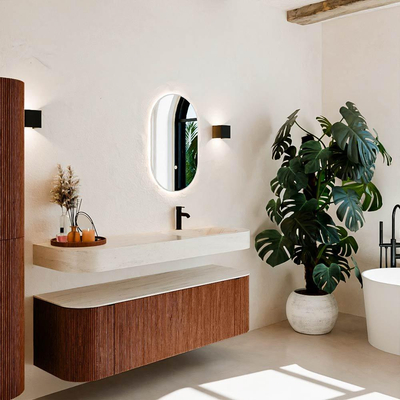 MONDIAZ THOR-DLUX 150cm meuble de salle de bains arrondi gauche + droite couleur Ruby avec 1 tiroir et 2 portes. Vasque suspendue CLOUD Droite 1 trou de robinet couleur Meli.