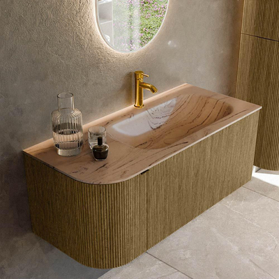 MONDIAZ KURVE-DLUX Meuble de salle de bains 105cm arrondi à gauche couleur Dusk avec 1 tiroir et 1 porte. Vasque BIG SMALL à droite 1 trou de robinet Arena.