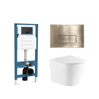 QeramiQ Dely Ensemble de toilettes - réservoir encastré Qeramiq Flush - abattant slim - plaque de commande en métal laiton brossé - boutons rectangulaires - blanc brillant