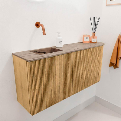 Mondiaz JOYA-DLUX 91.6cm toiletmeubel - ronding rechts kleur Oak - Wastafel FAYE positie Links Zonder kraangat kleur Arena.