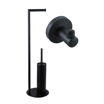 FugaFlow Eccelente Porte-rouleau de papier toilette sur pied avec brosse WC - avec crochet pour serviette - noir mat