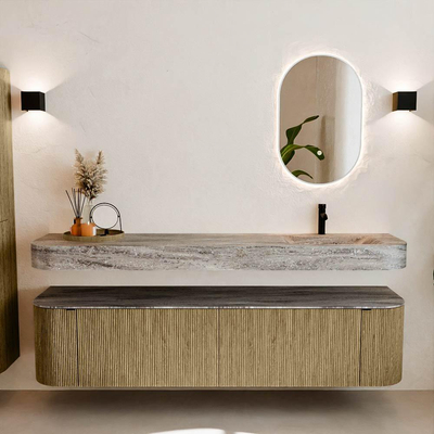 MONDIAZ THOR-DLUX 190cm meuble de salle de bains arrondi gauche + droite couleur Dusk avec 2 tiroirs et 2 portes. Vasque suspendue CLOUD Droite 1 trou de robinet couleur Oza.