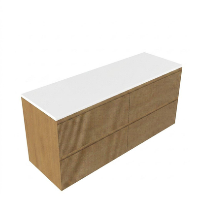Saniclass Holz Atelier Ensemble de meubles de salle de bains - 140x45x62.5cm - plan de toilette Torino en solid surface blanc - sans trou de robinet - 4 tiroirs - chêne natural mat (bois)