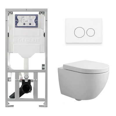 Pack WC QeramiQ Dely Swirl Compact - réservoir encastrable Geberit UP320 - avec bâti-support Burda - abattant 25 mm - plaque de commande en plastique blanc brillant - boutons ronds - blanc brillant