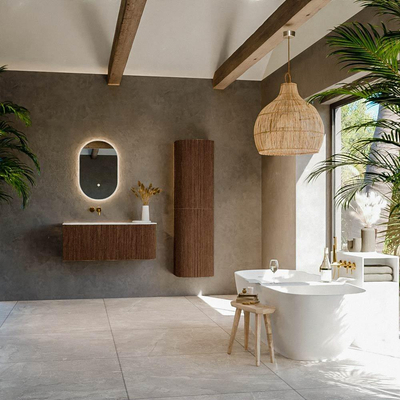 MONDIAZ KURVE-DLUX 105cm Meuble salle de bain avec module 25 D - couleur Walnut - 1 tiroir - 1 porte - vasque BIG SMALL gauche - sans trou de robinet - couleur Opalo