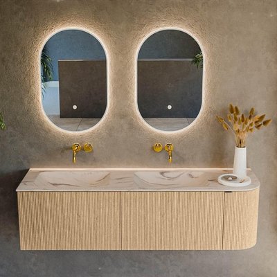 MONDIAZ KURVE-DLUX 155cm badmeubel ronding Rechts kleur Oak met 2 lades en 1 deur. Wastafel LEAF Dubbel / Links zonder kraangat Nata.