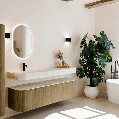 MONDIAZ THOR-DLUX Meuble de salle de bains 170cm arrondi gauche + droite couleur Dusk avec 1 tiroir et 2 portes. Vasque suspendue CLOUD Gauche 1 trou de robinet couleur Ostra.