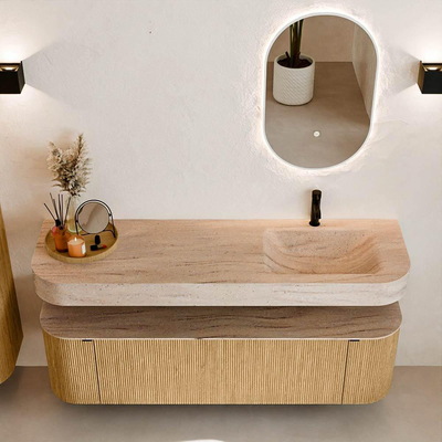 MONDIAZ THOR-DLUX 160cm badmeubel ronding links + rechts kleur Oak met 1 lade en 2 deuren. Vrijhangende wastafel CLOUD Rechts 1 kraangat kleur Saba.
