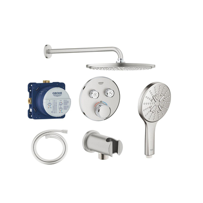 Grohe Grohtherm Ensemble de douche pluie - encastrable - pommeau rond - douchette ronde - bras mural courbé - supersteel