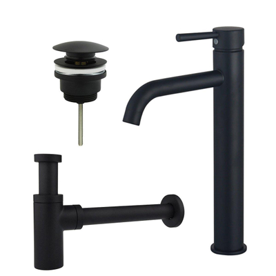 Fortifura Calvi Kit mitigeur lavabo - robinet rehaussé - bonde clic clac - siphon design - Noir mat