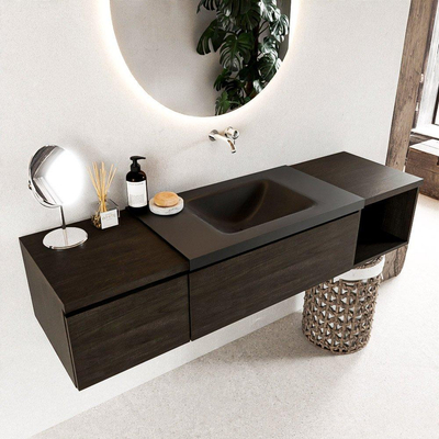 MONDIAZ BUKLA 160cm badmeubel met open module 40 rechts kleur Dark Brown met 2 lades. Wastafel CLOUD midden 0 kraangaten kleur Urban.