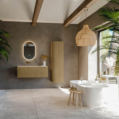 MONDIAZ KURVE-DLUX Meuble de salle de bains 115cm arrondi à droite couleur Dusk avec 1 tiroir et 1 porte. Lavabo BIG SMALL à gauche sans trou de robinet Nata.