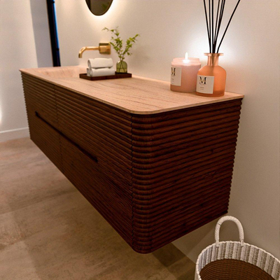 Mondiaz CIRO-DLUX Badkamermeubelset - 150x45x50cm - Solid surface wastafel Saba - 1 wasbak Links - zonder kraangaten - 4 lades - Ruby