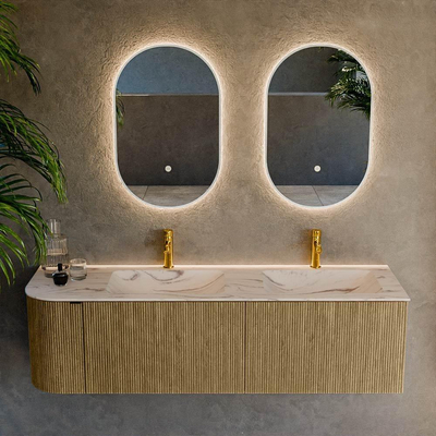 MONDIAZ KURVE-DLUX 155cm badmeubel ronding Links kleur Dusk met 2 lades en 1 deur. Wastafel LEAF Dubbel / Rechts 2 kraangaten Nata.