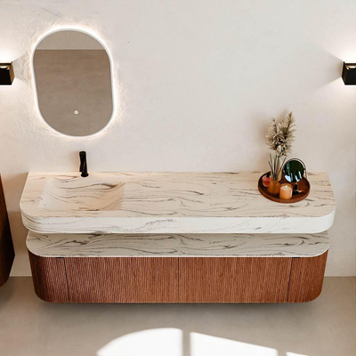 MONDIAZ THOR-DLUX Meuble de salle de bains - 190cm - arrondi gauche + droite - couleur Ruby - 2 tiroirs et 2 portes - Vasque suspendue CLOUD Gauche 1 trou de robinet couleur Nata